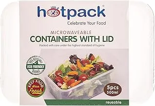 Hotpack Disposable Microwavable food take away, Storage Rectangular Container 500ml with Lid, 5Pieces