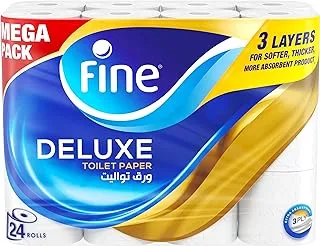 Fine Deluxe Toilet Paper 3 Ply, 24 Rolls x 140 Sheets, Highly Absorbent , Premium Feel Softness Bathroom Tissue Roll, Sterilized for Germ Protection, Maximum Tissue Thickness