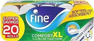 Fine Comfort XL Toilet Paper 2 Ply, 20 Rolls x 250 Sheets, Longer Lasting Absorbent Toilet Roll, Premium Silky Feel Softness Bathroom Tissue Sterilized for Germ Protection, 2 Ply Tissue Thickness