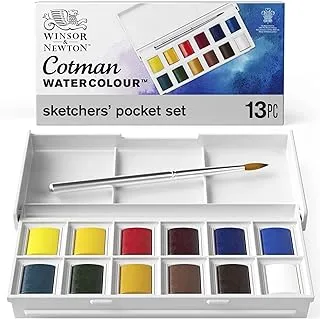 Winsor & Newton Cotman Water Colour Paint Sketchers' Pocket Box, Half Pans, 13 Count (12 Colors And A Brush)