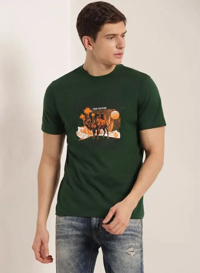 QUWA Graphics Print Short Sleeve T-Shirt Green