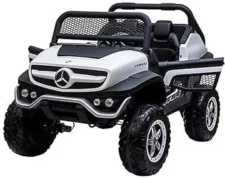 Dorsa Mercedes Benz 4X4 Off-Road Electric Atv Unimog Kids Ride On Car with Remote Control ، 2 مقاعد ، 2 موتور ، أبواب قابلة للفتح ، نظام تعليق ، مشغل موسيقى - أبيض