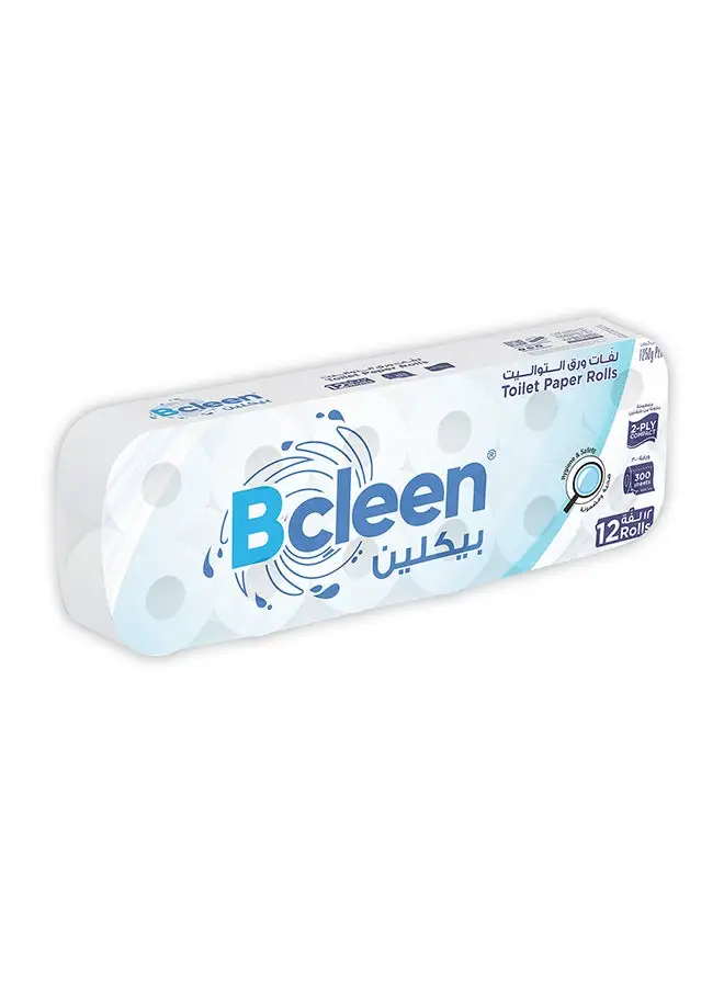 Bcleen 2 Ply Toilet Paper - 300 Sheets Pack of 12 Tissue Rolls White