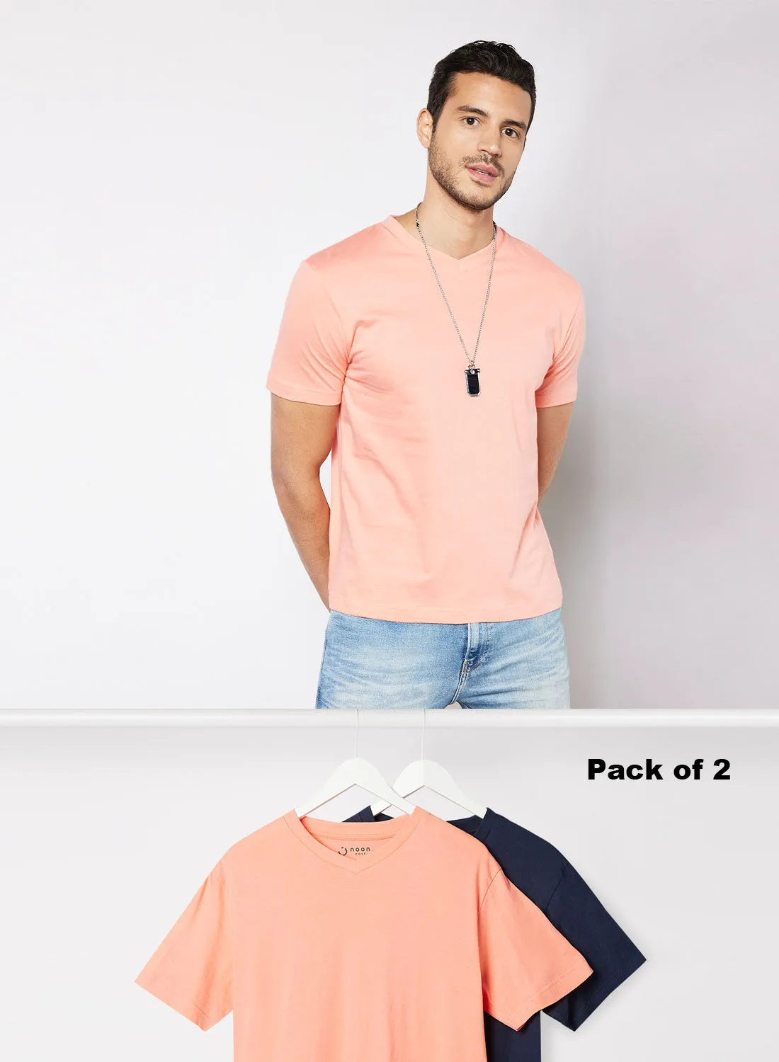 Noon East Pack Of 2 Men's Basic V-Neck Cotton Biowashed Fabric Comfort Fit Stylish Design T-Shirt Pink/Dark Navy