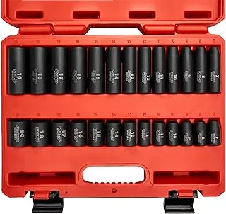 Neiko 02433A 3/8” Drive Standard And Deep Metric Impact Socket Set | 26 Pieces | Metric 7mm To 19mm | Premium Cr-V Steel | 6-Point Hex Design | Corrosion Resistant Black Phosphate Coating