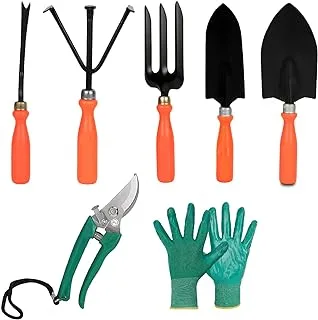 Kraft Seeds Gardening Kit - 7 Pcs (Hand Cultivator, Hand Fork, Big Trowel, Small Weeder, Garden Gloves, Pruner) | Orange Ergonomic Handles, Black Metal Blades