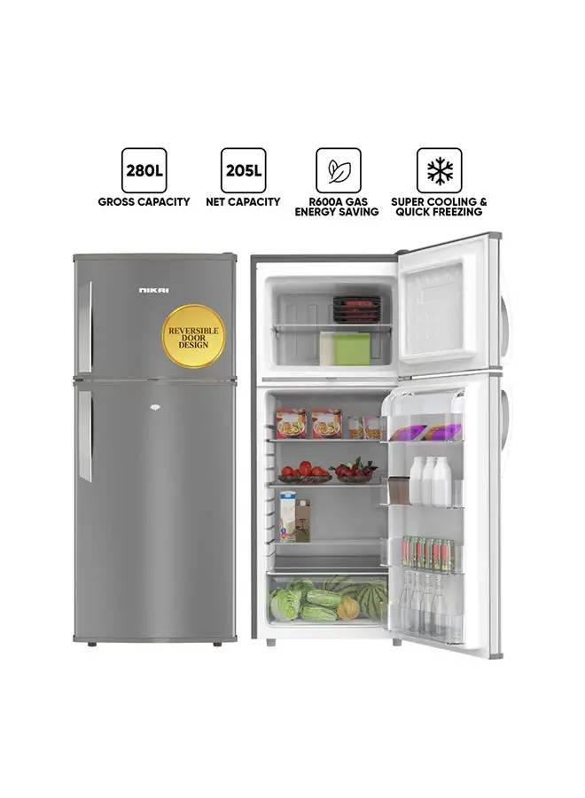 NIKAI 280L Gross / 205 Net, Double Door Top Mount Refrigerator, 2 Glass Shelves And Bottle Storage Racks, Power Saving R600A Gas, CFC Free, Silent Operation Best For Home, Office With Child Lock Key 574 kW NRF280DN5S Grey