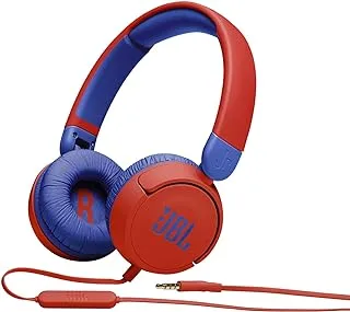 JBL Jr 310 سماعة رأس سلكية على الأذن للأطفال ، صوت آمن (<85 ديسيبل) ، ميكروفون مدمج ، عصابة رأس مبطنة ، وسادة أذن مريحة ، تصميم مضغوط وقابل للطي ، كابل مسطح من جانب واحد - أحمر ، JBLJR310RED