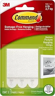 Command Picture Medium Hanging Strips White color, 3 pairs/pack | Holds 4 kg whole pack| Organize | Decoration | No Tools | Holds Strongly | Damage-Free Hanging