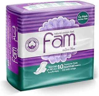 Fam Natural Cotton Feel, Extra Thin, Wings Normal Sanitary Pads, 10 Pads