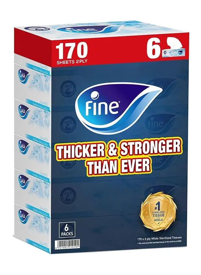 Fine Facial Tissues Sterlised 2 Ply, 170 Sheets, Pack Of 6 White