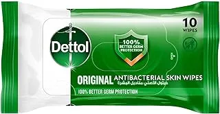 Dettol Original Antibacterial Skin Wipes for Use on Hands, Face, Neck etc, Protects Against 100 Illness Causing Germs, Pack of 10 Water Wipes