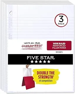 FIVE STAR Loose Leaf Paper, 3 Pack, 3 Hole Punched, Reinforced Filler Paper, Wide Ruled Paper, 26.6 cm x 20.3 cm, 100 Sheets/Pack (38033)