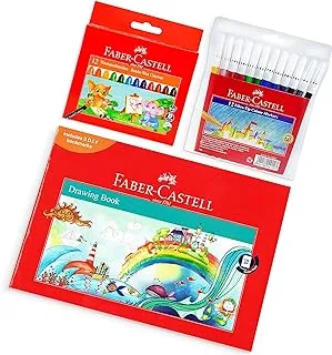 Faber-Castell School Essentials, Drawing Book A4 120Gsm 36 Sheets + Washable Jumbo Wax Crayons 12 Colours Round 90Mm + Washable Felt Pen 12 Colours, 2021-7