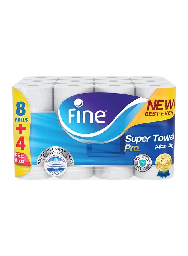 Fine Super Towel Pro, Highly Absorbent, Sterilized, 8+4,3 Ply Pack Of 12 60 Sheets White 26.5x21cm