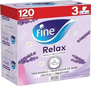 Fine Wellness Relax Vanilla Lavender Facial Tissue, Pack of 3, 2 Ply x 100 Sheets, Cotton Soft Absorbent Tissue, Unwind in the Relaxing Face Tissue with Fine