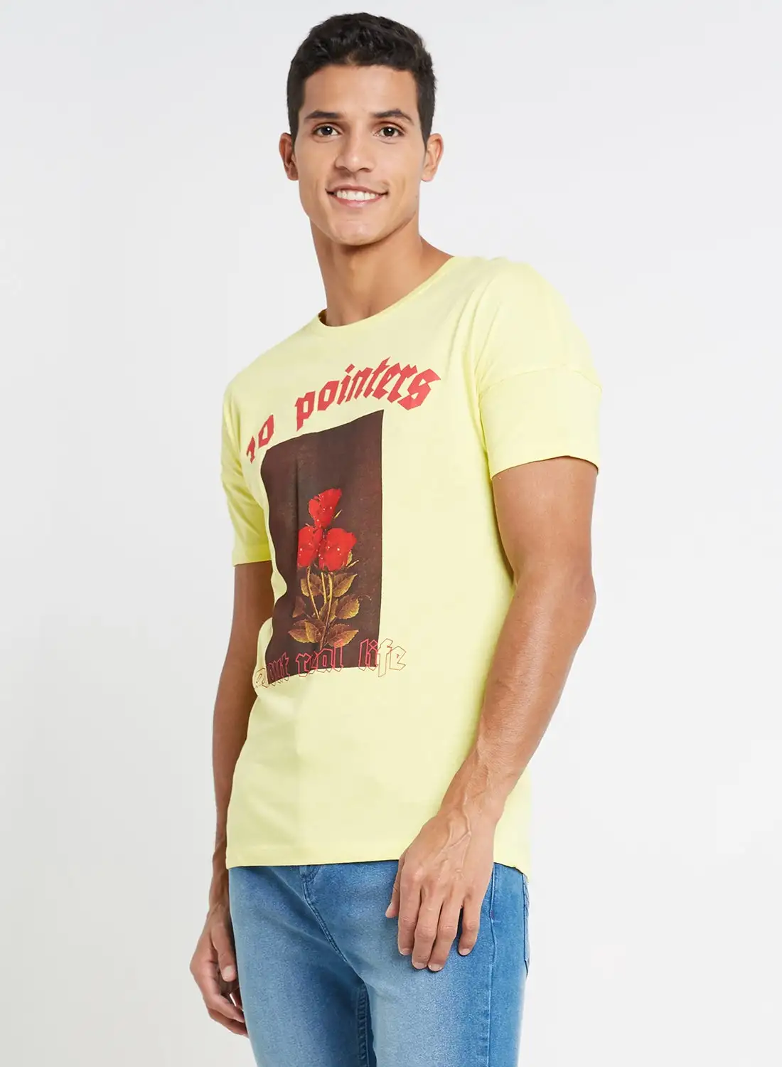 Blue Saint Box Print Round Neck T-Shirt Yellow