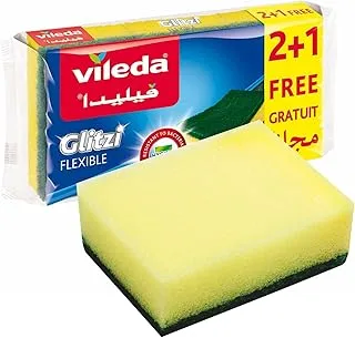 Vileda Glitzi Flexible Scourer Sponge, Antibacterial, Multi-purpose, Yellow & Green, 2+1 Pcs