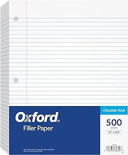 Oxford Filler Paper, 21.6 cm X 27.9 cm, College Rule, 3-Hole Punched, Loose-Leaf Paper For 3-Ring Binders, 500 Sheets Per Pack (62349), White