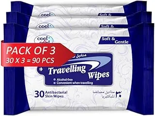 Cool & Cool Travelling Wipes - 30's (Pack of 3) - Convenient for Travel,Antibacterial Skin Wipes with Vitamin E,Aloe Vera Gel & Herb Extract,Alcohol-Free,Soft & Gentle - 90 Wipes