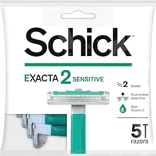 Schick Exacta2 Sensitive Twin Blade Disposable Razor For Men-Strip Enriched With Vitamin E & Aloe-Vera-Close & Smooth Shave-Push Cleaning Button-Slim Head-Non Slip Comfortable Rubber Grip- 5 Razors