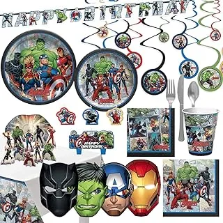 Amscan Party Center Marvel Powers Unite أدوات المائدة ومستلزمات الحفلات لـ 8 ضيوف ، بما في ذلك الأطباق والأكواب وشموع أعياد الميلاد والأقنعة والمزيد