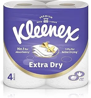 Kleenex Extra Dry Toilet Tissue Paper, 3 PLY, 4 Rolls x 160 Sheets, Embossed Bathroom Tissue with Superior Absorbency