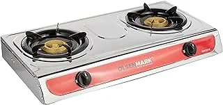 Olsenmark Stainless Steel Double Burner Gas Stove - Auto Ignition - Cast Iron Golden Burner - Heat Resistant Enamel Pan Support