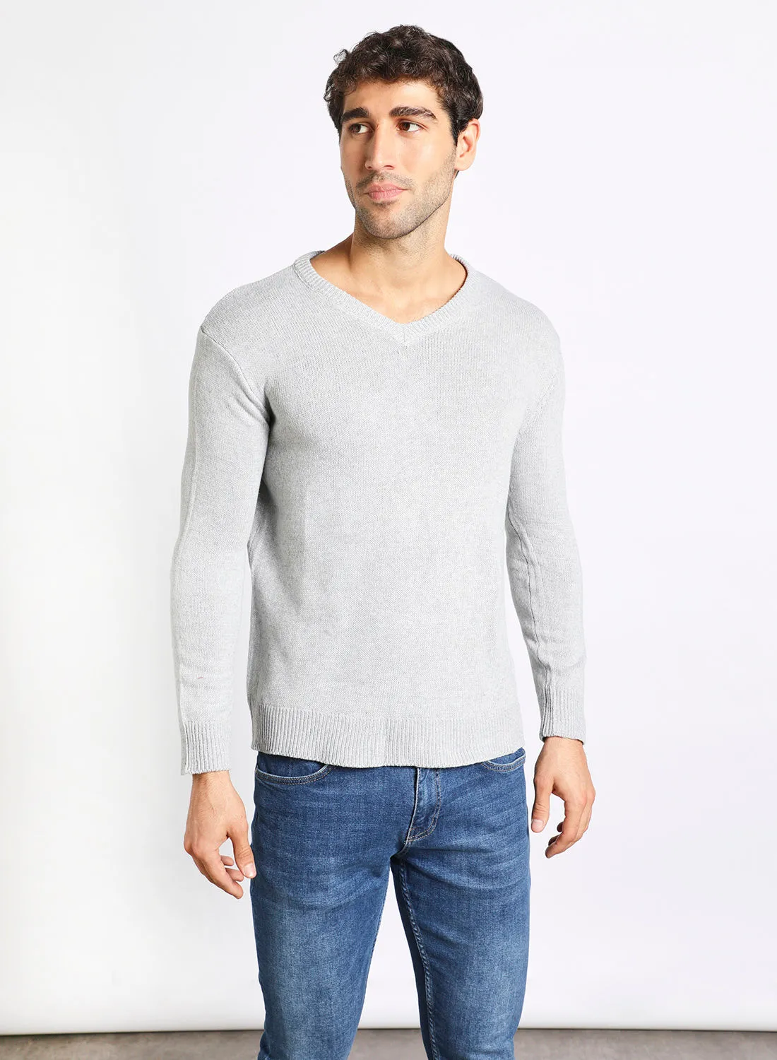 Noon East Men's Ribbed Knitted V-Neck Full Sleeves Warm Sweater For Winters Grey