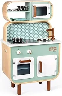 Janod Big Cooker Reverso Retro Wooden Kitchen And Laundry Set With 8 Pretend Play Accessories Ages 3+, Pale Green, Toy Products, J06594