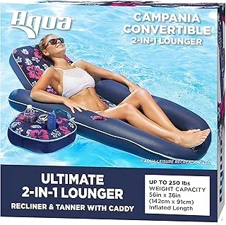 Aqua LEISURE Campania Ultimate 2-in-1 Pool Float Lounge â€“ Extra Large â€“ Inflatable Pool Floats for Adults with Adjustable Backrest & Cupholder Caddy â€“ Navy Hibiscus