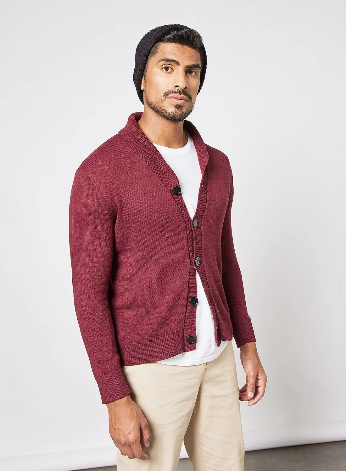 Noon East Men's Knitted Solid Button Detailed Wide Collar Full Sleeves Cardigans For Winters Maroon