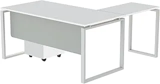 Mahmayi Carre 5114L Modern Workstation Desk with Wood Desktop - Square Shape Steel Legs, Silver Modesty Panel, Smart Cable Management- For Office Executives, Home Use (With Drawer)(140cm, White)