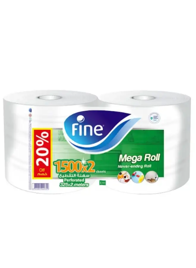 Fine Sterilized Kitchen Towel Mega Roll, 1500 Sheets, Pack Of 2 White 325meter