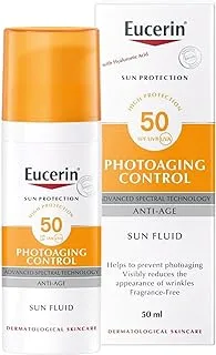 Eucerin Face Sunscreen Photoaging Control Anti-Age Sun Fluid, High UVA/UVB Protection, SPF 50, Reduces Appearance of Wrinkles, Suitable as Make-Up Base, For All Skin Types, 50ml