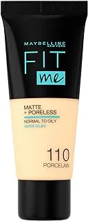 Maybelline New York Liquid Foundation, Matte & Poreless, Full Coverage and Blendable, Normal to Oily Skin, Fit Me, 110 Porcelain