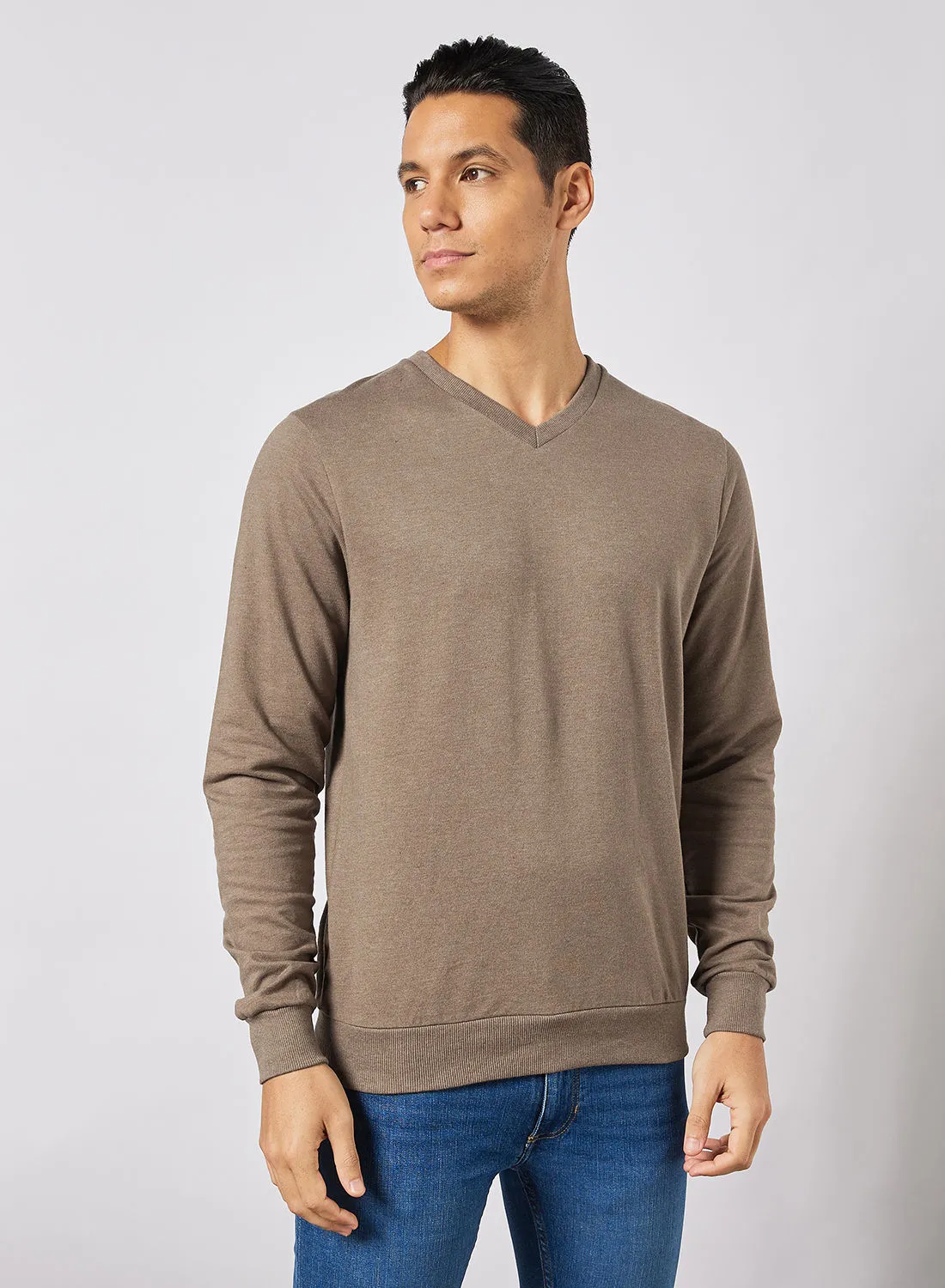 Noon East V-Neck Men's Cotton Sweatshirt with Rib Detail Heather Brown