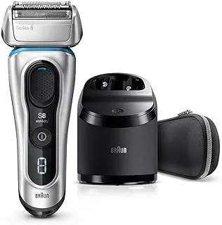 Braun Shaver 8390cc ، Braun Series 8 8390cc ماكينة حلاقة كهربائية للرجال للاستخدام الرطب والجاف مع قاعدة Clean & Charge وحقيبة السفر ، فضي ، فضي ،