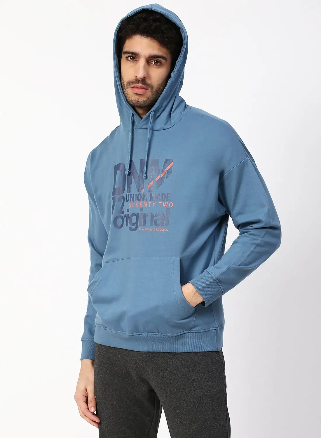 Noon East Men's Casual Comfortable Fit Printed Hoodie With Front Pockets And Long Sleeves Deep Aegean