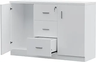 Mahmayi Melamine On Mdf Carre 1147 Credenza - Contemporary And Tough Wooden Storage Cabinet With Three Drawer Storage - W120Cms X D40Cms X H80Cms (White), Mahmayi Carre 1147 White Credenza