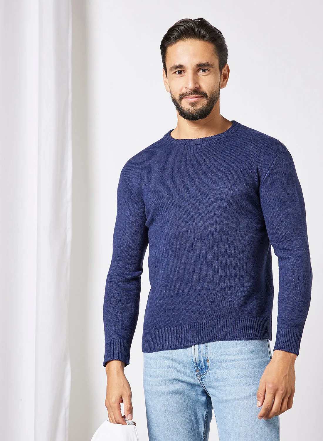 Noon East Men's Ribbed Knitted V-Neck Full Sleeves Warm Sweater For Winters Navy