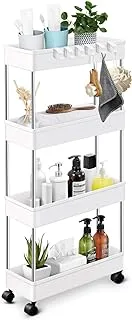 E World | Slim Rolling Storage Cart Kitchen Shelves Organizer With Casters.Wheels Mobile Bathroom Slide Utility Cart, Small Shelf For Laundry Room, Make Up, Home School, Dorm Room White, Slim-4Tier