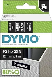 شريط Dymo من البوليستر D1 لاصق ذاتي الأداء عالي الأداء لصانعي الملصقات ، 1/2 بوصة ، طباعة بيضاء على الأسود ، خرطوشة 23 قدمًا ، (45021)