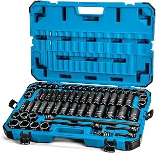 Capri Tools 1/2-Inch Drive Deep Impact Socket Set With Adapters And Extensions, Chrome Molybdenum, Master Set Metric And Sae, Manganese Phosphate, 63-Piece