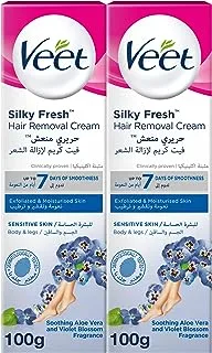 Veet Silky Fresh Hair Removal Cream Body & Legs for Sensitive Skin, Soothing Aloe Vera & Violet Blossom Fragrance – 100g Twin Pack