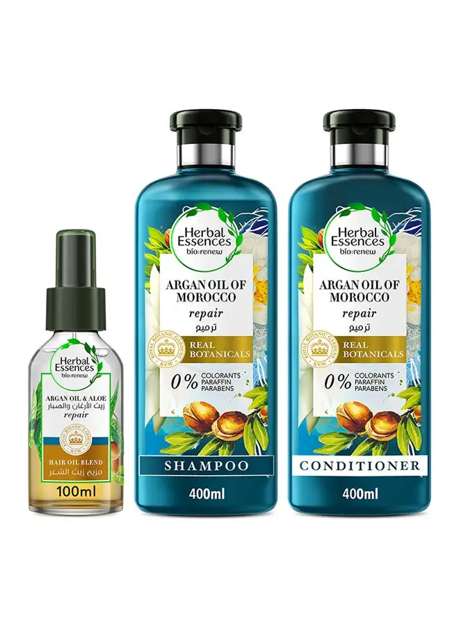 Herbal Essences Argan Oil Of Morocco Shampoo, Conditioner With Argan Oil And Aloe Vera Hair Oil For Damaged Hair And Frizzy Hair 400ml+400ml+100ml Pack of 3