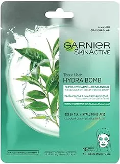 Garnier Hydrating Tissue Mask for Face, With Green Tea and Hyaluronic Acid, For Normal To Oily Skin, SkinActive Hydra Bomb, 28g