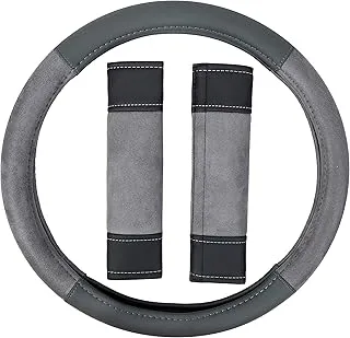 Amazon Basics Leatherette and Suede 15″ Steering Wheel Cover and Seatbelt Pads, Gray