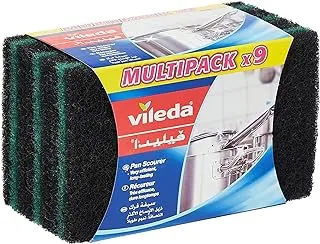 Vileda Ultra Fresh Pan Flat Scourer 9 Pcs, Antibacterial, Abrasive fiber, Durable, Multipurpose - Black & Green 9 Pcs Per Pack