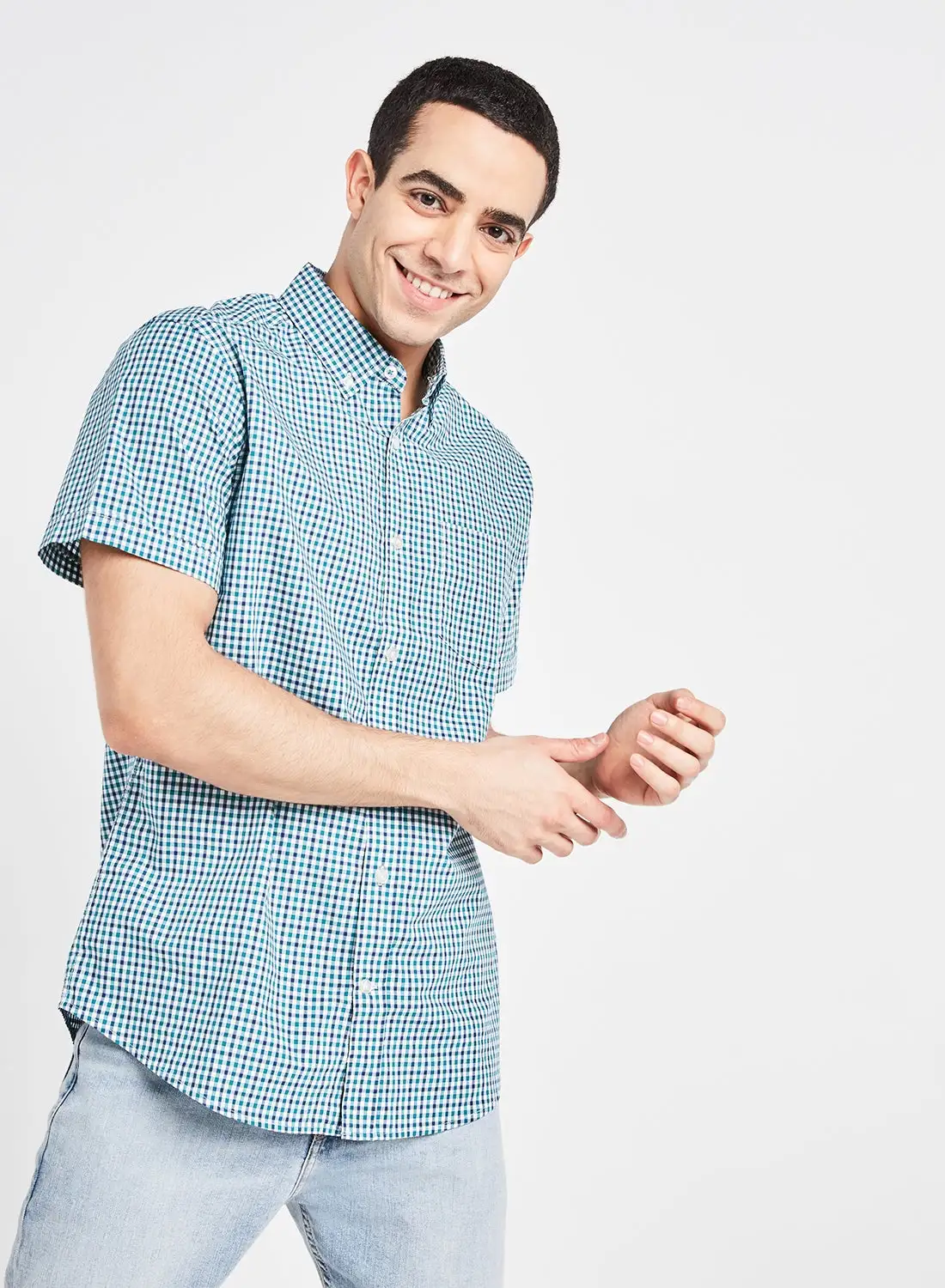 R&B Checked Shirt With Spread Collar And Short Sleeves Green